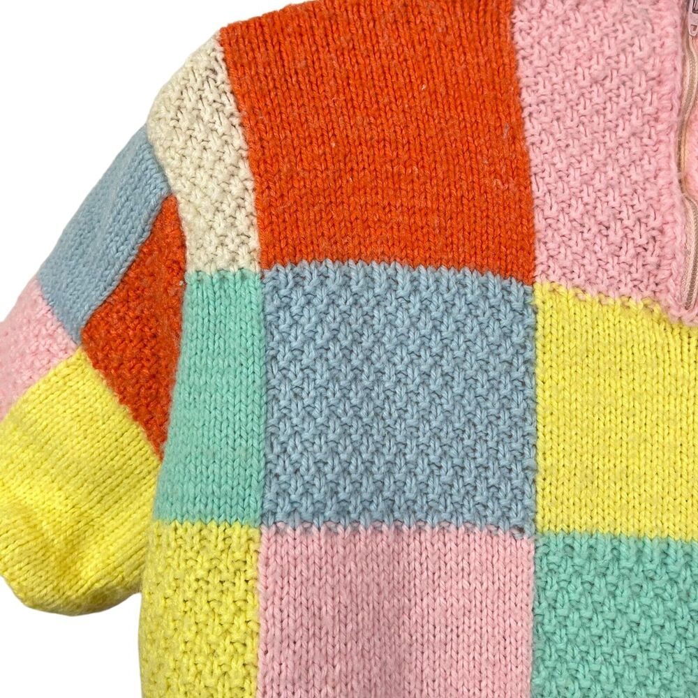 Vintage Peterpan Collar Brady Bunch Groovy Checkered Sweater 70s Patchwork M - Picture 12 of 14